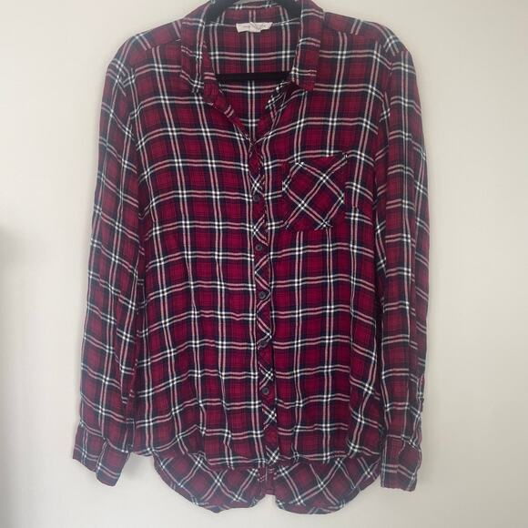 BeachLunchLounge Tops - beachlunchlounge Shirt, Women's Size L, Red White Black, Plaid, Button Up